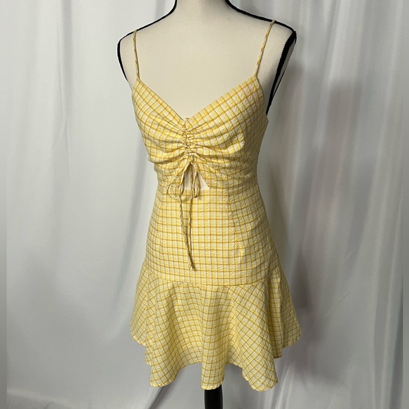 Lush Grid Print Sunny Yellow Mini Dress with Cutout Accent - size Small - Picture 3 of 10